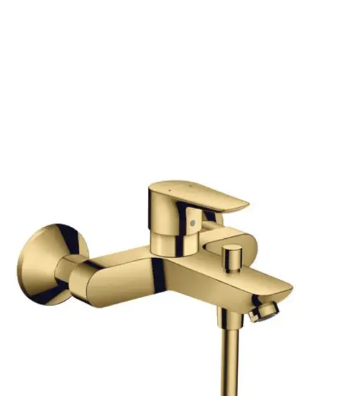 Wannenmischer von Hansgrohe in glänzender goldener Optik, mit einem Hebel und einer Wandbefestigung für die Wassersteuerung.